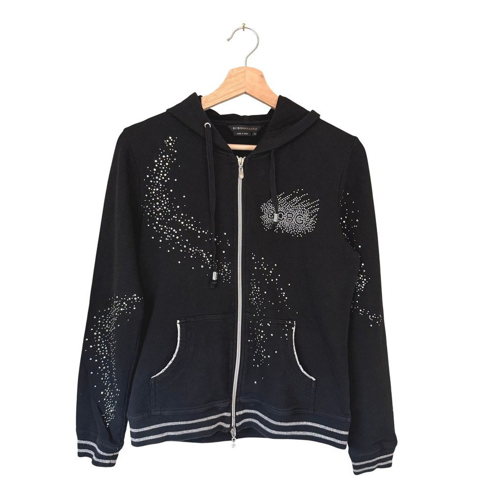 Y2K BCBG Max Azria Black Rhinestone‎ Zip Up Hoodie Medium